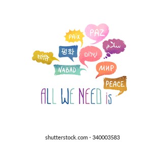 All we need is Peace. Card with speech bubbles with word "Peace" on different languages (English, Korean, Russian, Hindi, Hebrew, French, Arabic, Somali, Spanish)