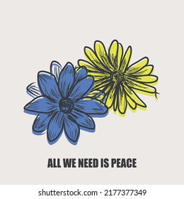 All we need is Peace.Vector line art illustration with blue and yellow color. Background banner design with flower