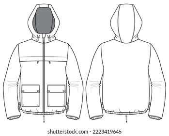 All weather  Hoodie jacket design flat sketch Illustration, Hooded sweater jacket with front and back view, Anorak winter jacket for Men and women. for hiker, outerwear and workout in winter