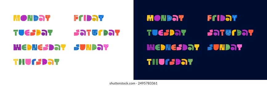 Concepto de inscripción decorativa abstracta de todos los días de la semana. Letras de palabra de Formas gráficas coloridas modernas para cepilladora. Calendario de programación de texto creativo de moda. Brillante día de la semana y fin de semana insignia colección