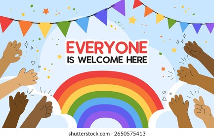 All Are Welcome Here. LGBT safe space Rainbow colored flags, hands of different colors. Everyone is welcome here. Message of kindness, equality, respect and belonging. Promoting pride, diversity