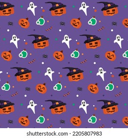 All witch halloween pumpkin and witch element  illustration on purple background seamless pattern in vector. Halloween background.