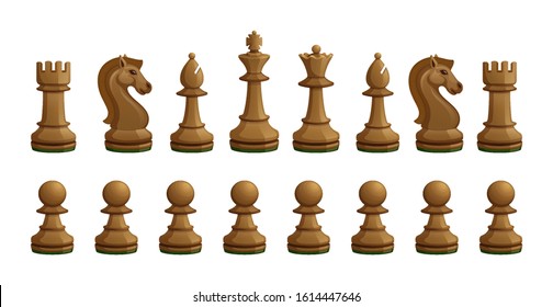All wooden chess pieces isolated on the white background. Set including the king, queen, bishop, knight, rook and pawns. svg
