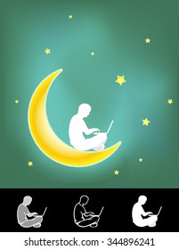 All Work Midnight-Vector illustration of man on moon concept working on his laptop, gradient mesh background