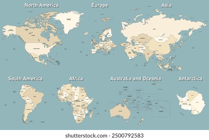 All world continents detailed political isolated maps in soft beige color palette with names of countries, seas, oceans. The continents are proportionate to each other. Vector set
