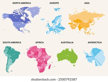 All world continents detailed political isolated colorful maps. Vector set