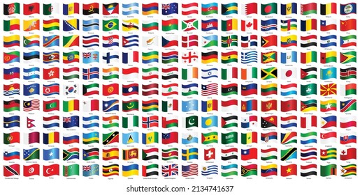 All world countries official national flags. Wave glossy flag design