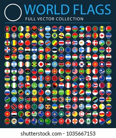 All World Flags on Black Background - New Additional List of Countries and Territories - Vector Round Flat Icons