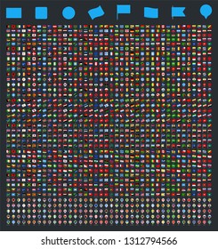 All World Flags on Dark Background - Set of Different Styles. Vector Flat Icons