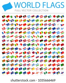 All World Flags Set - New Additional List of Countries and Territories - Vector Waving Flat Icons