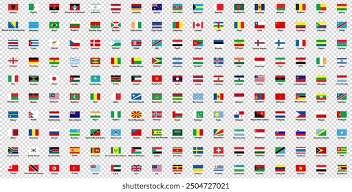 All world flags with signatures vector set of rectangular icons. Flags of all countries and continents. International flags, country emblems, global identity, national flags, geographical symbols