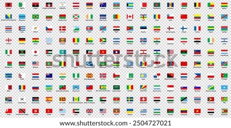 All world flags with signatures vector set of rectangular icons. Flags of all countries and continents. International flags, country emblems, global identity, national flags, geographical symbols