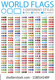 All World Flags - Three Different Styles: Circle, Square, Rectangle - Vector Flat Icons