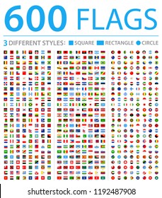 All World Flags - Three Different Styles: Circle, Square, Rectangle - Vector Flat Icons