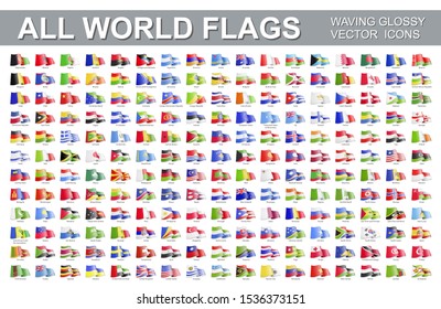 All world flags - vector set of waving icons. Flags of all countries and continents