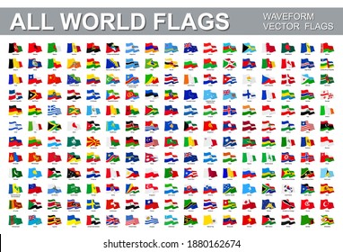 All world flags - vector set of waveform flat icons. Flags of all countries and continents