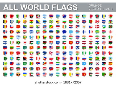 All world flags - vector set of flat grunge icons. Flags of all countries and continents