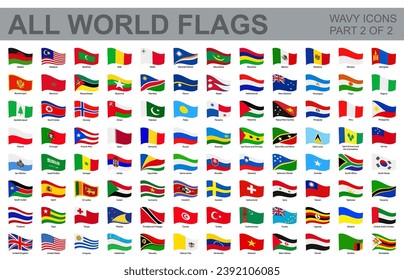 All world flags - vector set of waveform flat icons. Flags of all countries and continents. Part 2 of 2