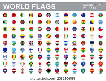 All world flags - vector set of round flat icons. Flags of all countries and continents. Part 1 of 2