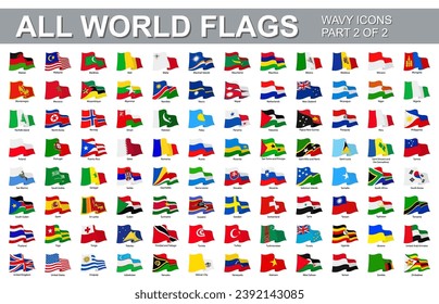 All world flags - vector set of waveform flat icons. Flags of all countries and continents. Part 2 of 2