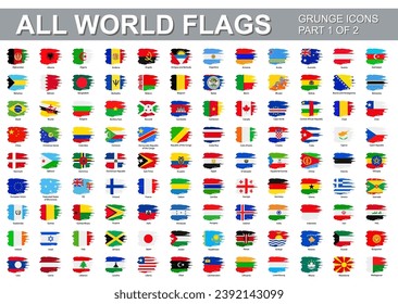 All world flags - vector set of flat grunge icons. Flags of all countries and continents. Part 1 of 2