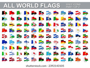 All world flags - vector set of waveform flat icons. Flags of all countries and continents. Part 1 of 2