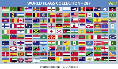 Todas as bandeiras do mundo - conjunto vetorial de ícones retangulares. Bandeiras de todos os países e continentes. Bandeiras do Mundo - Big Set. Ícones planos de vetor