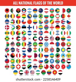All world round flags icon, vector set of national flags of whole world circle icons. Flags of all countries and continents - Vector illustration.