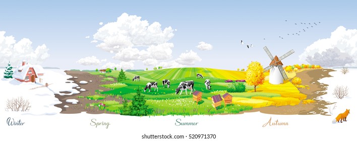 All The Year Round - Ecological Concept - Seamless Landscape With Four Seasons  Of The Year At A Rural Panorama With Fields, Cows, Windmill And Apiary. For Packs, Posters, Banners And Calendars.