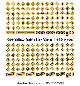 alle gelben Verkehrszeichen, Vektorset, 3D Verkehrszeichen gesetzt. Universelles Verkehrssymbol-Paket für Europa und Asien