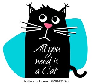 all you need is a cat. The cute cat is sitting. with expressive eyes and a playful pose. A black cat or a kitty. Vector animation illustration in a flat style. Circle.