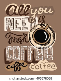 All you need is fresh coffee. Coffee collection - hand drawn illustration. Vector illustration.