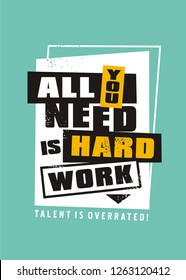 All you need is hard work, talent is overrated. Motivational message design with creative playful typography. Vector illustration.