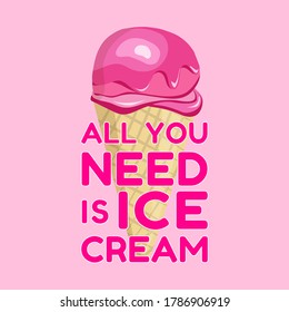 All you need is ice-cream. Tasty cold sweet ice-cream dessert vector illustration. Balls of ice cream in waffle with whipped cream on the top for cafe, restraurant menu, print, fabric, advertisement.