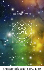 All you need is love - astrological St.Valentine's greeting card with futuristic heart on starry night background.