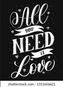 All you need is love- black hand lettering card. Vector chalkboard  illustration.Calligraphy inscription.