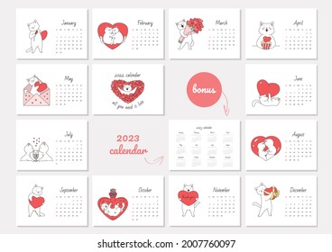 All You Need Is Love. Calendar 2022 template. Monthly calendar 2022 with cute white cats in love. Bonus - 2023 calendar. Vector illustration 10 EPS.