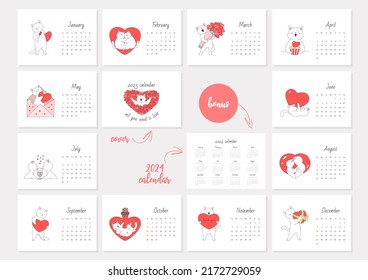 All You Need Is Love. Calendar 2023 template. Monthly calendar 2023 with cute white cats in love. Bonus - 2024 calendar. Vector illustration 10 EPS.