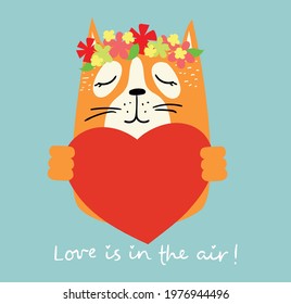 All you need is love. Cat with heart as love massages. Vector Valentine illustration cards of happy couples in love in the flat style
