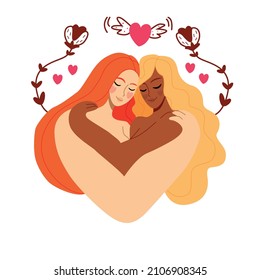 All you need is love and cat. Two girls are hugging. lgb love. Valentine's card. Valentine's Day. Around flowers and a heart with wings. vector illustration