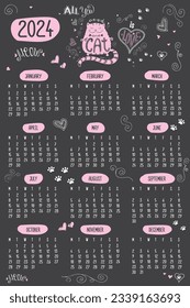 Todo lo que necesitas es amor y gato. Divertidas letras dibujadas a mano y cuadrícula de calendario sobre fondo negro. Calendario 2024, primero lunes. Animales y elementos Doodle. Plantilla de afiches imprimible. ilustración vectorial