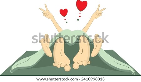 All you need is love. Love couple rendezvous. 
Two happy people make love under a blanket. Heart symbols
