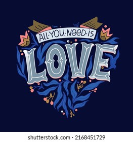 All you need is love. Cute hand drawn motivation lettering postcard about life. Lettering poster art, t-shirt design.