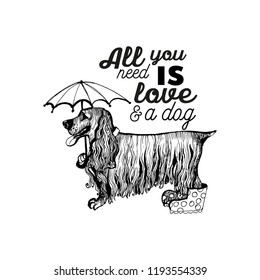 All you need is love and a dog. Dog design. Vector illustration of funny cocker spaniel.
