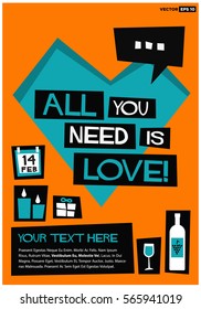 All You Need Is Love! (Flat Style Vector Illustration Valentine Poster Design) 14 Feb
