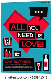 All You Need Is Love! (Flat Style Vector Illustration Valentine Poster Design) 14 Feb