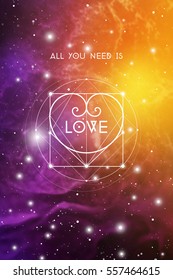 All you need is love - futuristic sacred geometry style Valentine greeting card with heart shaped constellation on starry space background.