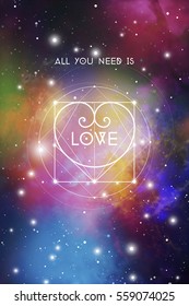 All you need is love - futuristic sacred geometry style Valentine greeting card with heart shaped constellation on starry space background.