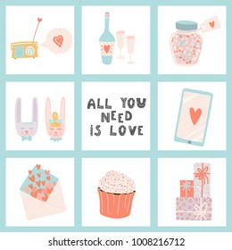 All you need is love. Hand drawn lettering and Valentine's Day signs. Stock vector