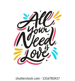 All you need is love. Hand drawn vector lettering. Isolated on white background. Motivational and inspirational poster, web banner, greeting card.